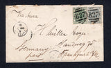 GOLD COAST - 1891 - CANCELLATION: Cover franked with 1884 ½d dull green and 2d grey QV issue (SG 11a & 13) tied by two fine strikes of barred numeral 'B27' with QUITTAH cds alongside dated MAR 7 1891. Endorsed 'Via Aura' (ship name) in manuscript at top. Addressed to GERMANY with ACCRA and LONDON transit cds's and German arrival cds on reverse. Scarce.  (GLD31993)
