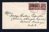 GOLD COAST - 1933 - CANCELLATION: Cover franked with strip of three 1928 1d red brown GV issue (SG 104) tied by two strikes of ANOMABU cds dated 29 APR 1933. Addressed to USA with SEKONDI transit cds on reverse.  (GLD37156)