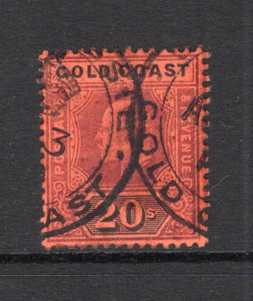 GOLD COAST - 1902 - EVII ISSUE: 20/- purple & black on red EVII issue, a superb used copy with COOMASSIE 'Crown' cds. A rare stamp in such superb used condition. (SG 48)  (GLD43727)