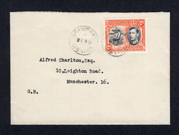 GRENADA - 1938 - CANCELLATION: Circa 1938. Neat cover franked with 1938 2d black & orange GVI issue (SG 156) tied by GRAND-ROY cds with second strike alongside. Addressed to UK with partial transit cds on reverse. Scarce origination.  (GRE/20453)