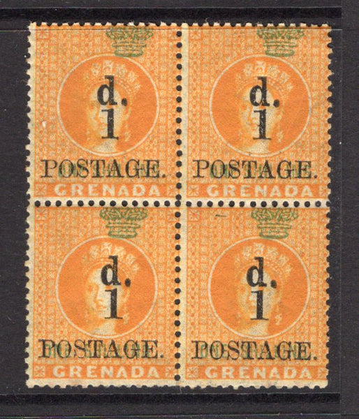 GRENADA - 1886 - PROVISIONAL ISSUE: '1d POSTAGE' on 1/- orange 'Revenue' surcharge issue, a fine mint block of four. A scarce multiple. (SG 38)  (GRE/32645)