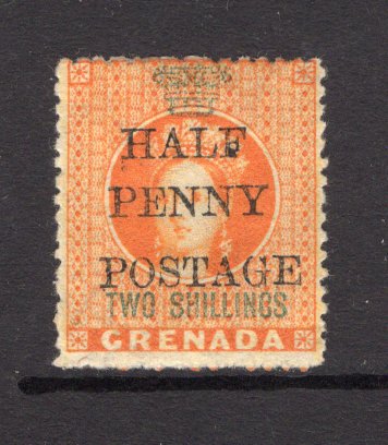 GRENADA - 1888 - PROVISIONAL ISSUE: 'HALF PENNY POSTAGE' on 2/- orange 'Revenue' surcharge issue, a fine mint copy. (SG 43)  (GRE/32650)