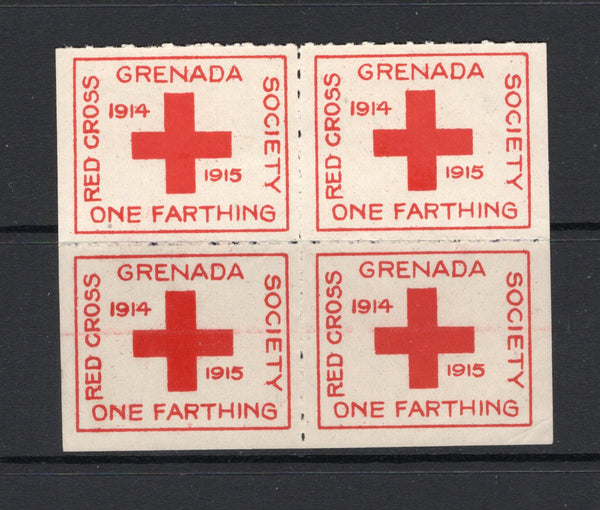 GRENADA - 1915 - CINDERELLA & MULTIPLE: ¼d red 'Grenada Red Cross Society' WW1 CHARITY label dated '1914-1915', rouletted, a fine unused block of four.  (GRE/32667)
