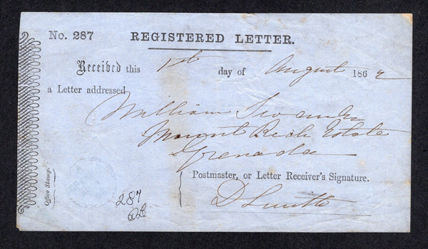 GRENADA - 1862 - REGISTRATION: Printed black on blue 'Registered Letter' receipt dated 1st August 1862, addressed to 'Mount Rich Estate, Grenada' and signed on arrival by the Postmaster and with light strike of GRENADA cds in blue. An unusual item.  (GRE/32864)