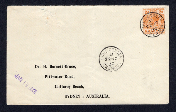 GRENADA - 1930 - CANCELLATION & DESTINATION: Cover franked with 1921 2d orange GV issue (SG 116) tied by fine strike of SNUG CORNER cds dated 22 NOV 1930 with fine second strike alongside. Addressed to AUSTRALIA.  (GRE/32871)
