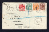 GRENADA - 1930 - REGISTRATION, CANCELLATION & DESTINATION: Cover franked with 1921 ½d green, 1d carmine red, 1d brown and 2d orange GV issue (SG 112/114 & 116) tied by three fine strikes of UNION cds dated 22 NOV 1930 with additional second strike alongside with handstruck registration marking. Addressed to AUSTRALIA with transit & arrival marks on reverse. Cover has small surface fault at left away from stamps and markings.  (GRE32872)