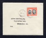 GRENADA - 1946 - CANCELLATION: Circa 1946. Cover franked with single 1938 2d black & orange GVI issue (SG 156b) tied by GRAND-ROY cds dated 21 AUG (without year slug) with second strike alongside. Addressed to UK with G.P.O. GRENADA transit cds on reverse dated 194_ the last digit is unclear. A scarce origination.  (GRE32877)