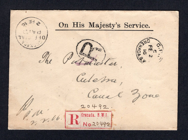 GRENADA - 1916 - OFFICIAL MAIL, REGISTRATION & DESTINATION: Stampless printed 'On His Majesty's Service' cover sent registered with GRENADA OFFICIAL PAID cds dated 2 FEB 1916 and G.P.O. GRENADA cds of the same day with printed red on white registration label. Addressed to CULEBRA, CANAL ZONE with transit and arrival marks on reverse. A scarce destination.  (GRE/35618)