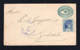 GUATEMALA - 1894 - CANCELLATION: 5c blue postal stationery envelope (H&G B4) used with added 1886 1c blue 'Quetzal' issue (SG 43a) tied by 'Target' cancel with fine strike of SAN JOSE BARBERENA cds alongside. Addressed to GUATEMALA CITY with arrival cds on reverse. Ex Madden with handstamp on reverse.  (GUA21661)