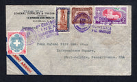 GUATEMALA - 1951 - TRAVELLING POST OFFICES: Airmail cover from GUATEMALA CITY with firms imprint at top left franked with 1929 10c chocolate 1950 3c red brown, violet blue & turquoise, 1c blue & carmine and 5c rose, blue green & reddish violet (SG 233, 494, 507 & 511) tied by two fine strikes of CORREOS NACIONALES AMBULANTE No. CUATRO LINEA GUATEMALA PTO. BARRIOS cancel in purple. Addressed to USA.  (GUA/23595)