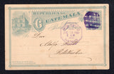 GUATEMALA - 1900 - CANCELLATION: 3c blue on cream postal stationery card (H&G 3) used with circular 'Grid' cancel in violet with fine strike of octagonal OFICINA DE CORREOS SAN FELIPE cds alongside. Addressed to RETALHULU.  (GUA26751)