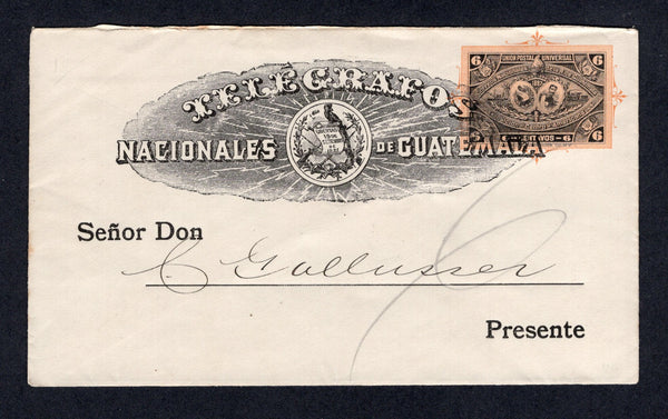 GUATEMALA - 1898 - POSTAL STATIONERY: 6c black on orange 'Exposition' postal stationery envelope with 'TELEGRAFOS NACIONALES DE GUATEMALA' pictorial overprint for use as a telegram delivery envelope (H&G H2). A fine used example.  (GUA/28497)