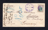 GUATEMALA - 1882 - QUETZAL ISSUE: Cover franked with single 1881 10c green & dull purple UPU 'Quetzal' issue (SG 24) cancelled with neat 'Target' postmark in purple with fine CORREOS SAN FELIPE cds dated NOV 7 1882 alongside. Addressed to GERMANY with various transit and arrival marks on reverse. Fine & rare.  (GUA28512)