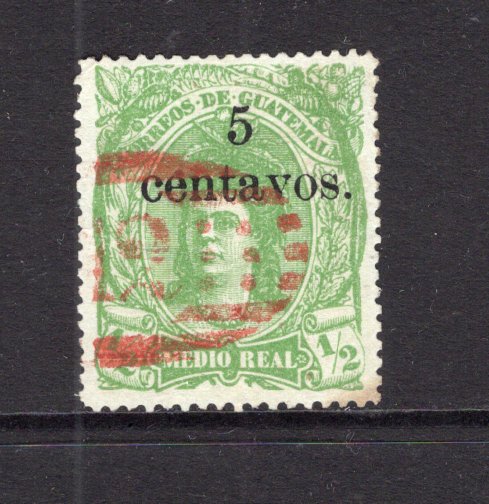 GUATEMALA - 1881 - CANCELLATION: 5c on ½r yellow green 'Decimal Currency' surcharge issue used with good part strike of LARGE NUMERAL '12' of SAN FELIPE DE RETALHULEU in red. (SG 18)  (GUA/30029)