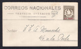 GUATEMALA - 1928 - POSTAL STATIONERY: 'UN PESO' on 2p 50c brown postal stationery notification envelope (H&G NB2) with 'CORREOS NACIONALES SERVICIO INTERIOR' overprint in black (Guatemala Handbook Type A). A fine used example with circular 'INSPECCION DE CARTEROS DE CERTIFICADOS ADMINISTRACION CENTRAL GUATEMALA' cds dated 7 JAN 1928 in purple on reverse. Addressed locally within GUATEMALA CITY.  (GUA/30195)