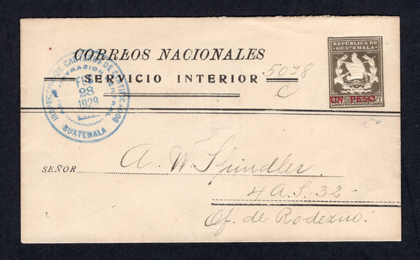 GUATEMALA - 1929 - POSTAL STATIONERY: 'UN PESO' on 2p 50c brown postal stationery notification envelope (H&G NB2) with 'CORREOS NACIONALES SERVICIO INTERIOR' overprint in black (Guatemala Handbook unlisted Type). A fine used example with circular 'INSPECCION DE CARTEROS DE CERTIFICADOS ADMINISTRACION CENTRAL GUATEMALA' cds dated FEB 28 1929 in blue on front. Addressed locally within GUATEMALA CITY.  (GUA/30200)