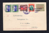GUATEMALA - 1937 - POSTAL STATIONERY & EXHIBITION MAIL: 50c violet 'Las Vacas railway Bridge' postal stationery card (H&G 14) with multicoloured picture on reverse celebrating the 'Jubilee of General Barrios' franked on message side with 1937 1c olive green TAX issue, 1c + 1c scarlet & brown and 3c + 1c blue green & orange all with 'Philatelic Exhibition Fund' overprints plus pair 1935 ½c ultramarine & green (SG 293a & 324/326) all applied over the stationery card stamp imprint and tied by special 'SERVICI