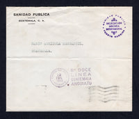 GUATEMALA - 1949 - TRAVELLING POST OFFICES & OFFICIAL MAIL: Stampless official cover with printed 'SANIDAD PUBLICA, GUATEMALA C.A.' at top with 'SANIDAD PUBLICA DELEGACION SANITARIA DEPARTAMENTAL PUERTO BARRIOS' official cachet in purple. Sent from PUERTO BARRIOS to GUATEMALA CITY with fine strike of CORREOS NACIONALES AMBULANTE No. DOCE LINEA GUATEMALA ANGUIATU marking in purple on front and arrival cds on reverse.  (GUA/35267)