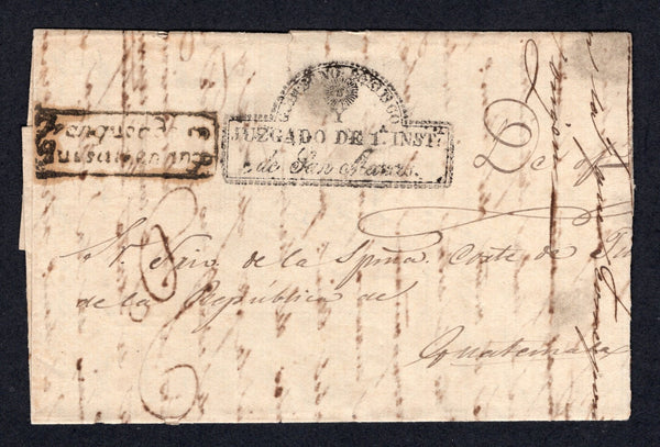 GUATEMALA - 1850 - PRESTAMP & OFFICIAL MAIL: Circa 1850. Stampless folded letter from SAN MARCOS to GUATEMALA CITY with good strike of fancy boxed JUZGADO DE 1A INST DE SAN MARCOS official marking in black with boxed 'FRANQUEADO EN QUESALTENANGO marking alongside. Rated '6' in manuscript.  (GUA/38198)