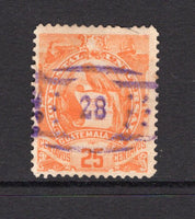 GUATEMALA - 1886 - CANCELLATION: 25c orange LITHO 'Quetzal' issue superb used with fine complete strike of SMALL NUMERAL '28' of OCOS in purple. Stamp has small perf fault at top but uncommon. (SG 34)  (GUA/41769)