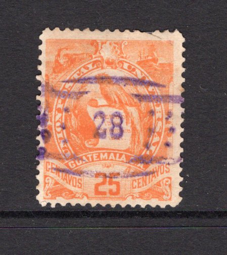 GUATEMALA - 1886 - CANCELLATION: 25c orange LITHO 'Quetzal' issue superb used with fine complete strike of SMALL NUMERAL '28' of OCOS in purple. Stamp has small perf fault at top but uncommon. (SG 34)  (GUA/41769)