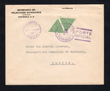 GUATEMALA - 1941 - OFFICIAL MAIL & DESTINATION: Headed 'Secretaria de Relaciones Exteriores' official cover franked with pair 1929 3c yellow green 'Triangular' OFFICIAL issue (SG O241) tied by GUATEMALA PORTE OFICIAL cds dated 18 JAN 1942 with official cachet alongside. Addressed to BELIZE, BRITISH HONDURAS with arrival cds on reverse.  (GUA/42649)