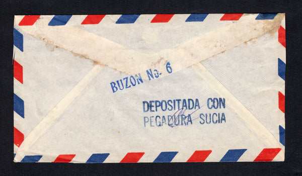 GUATEMALA - 1966 - INSTRUCTIONAL MARK: Airmail cover franked with 1962 4c brown, 1963 5c reddish violet and 1963 10c black (SG 665, 682 & 685) tied by GUATEMALA CITY cds dated 30 AGO 1966. Addressed to SPAIN with good strike of large two line 'DEPOSITADA CON PEGADURA SUCIA' (Deposited with dirty glue) marking in blue with straight line 'BUZON No.6' in blue alongside on reverse.  (GUA/42651)