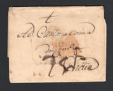 GUATEMALA - 1828 - PRESTAMP & DISINFECTED MAIL: Complete folded letter datelined 'Guatemala Mayo 30 de 1828' inside sent from GUATEMALA CITY to CADIZ, SPAIN with fair strike of two line NUEVA ESPANA marking in red on front and rated '25r' in manuscript. The cover has been DISINFECTED by fumigation with two slits most likely on arrival in the Mediterranean. Rare.  (GUA/42659)