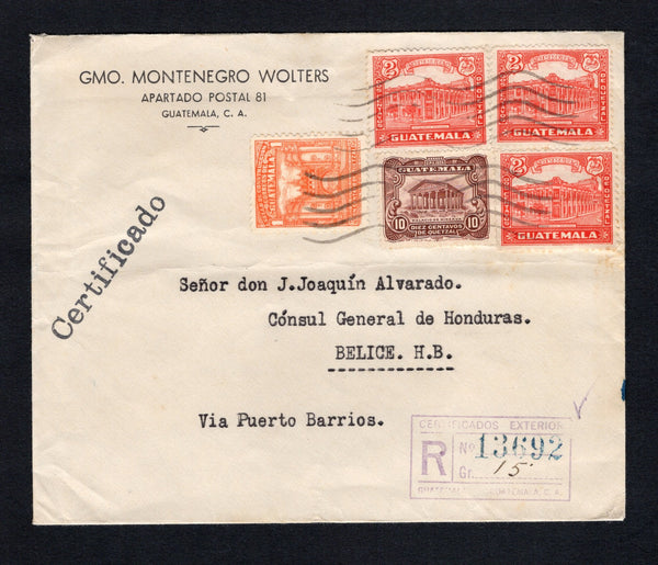 GUATEMALA - 1943 - REGISTRATION & DESTINATION: Registered cover franked with 1929 10c chocolate, 3 x 1943 2c scarlet and 1943 1c orange red TAX issue all on front plus 1942 ½c red brown on reverse (SG 233, 421, 425 & 418) all tied by 'Wavy Lines' cancels with GUATEMALA CITY boxed registration marking on front. Addressed to BELIZE, BRITISH HONDURAS with arrival cds on reverse.  (GUA/42665)