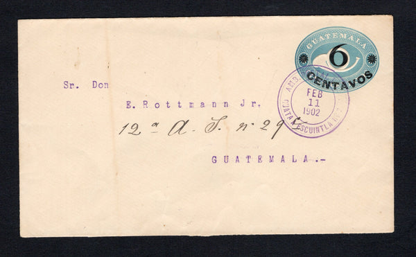 GUATEMALA - 1902 - TRAVELLING POST OFFICES & POSTAL STATIONERY: 6c on 5c blue postal stationery envelope (H&G B14) used with AMB. POSTAL F.C.C. GUATA A ESCUINTLA No.2 cds in purple dated FEB 11 1902. Addressed to GUATEMALA CITY with arrival marks on reverse.  (GUA/42682)