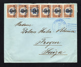 GUATEMALA - 1922 - PROVISIONAL SURCHARGE ISSUE: Commercial cover franked with 1922 25c on 1p black & brown, a fine vertical strip of six showing overprint types A, B & C (SG 189A/189C) tied by GUATEMALA CITY cds's dated AGO 31 1922. Addressed to SWITZERLAND with straight line 'BUZON NO.1' marking in blue on reverse with Swiss arrival cds alongside. A fine & rare franking.  (GUA43529)