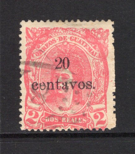 GUATEMALA - 1881 - FORGERY: 20c on 2r rose red 'Indian Woman' issue REPRINT on white paper, perf 12 with forged '20 centavos' overprint and forged LARGE NUMERAL '8' cancel in black. (As SG 20)  (GUA43624)