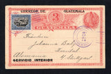 GUATEMALA - 1915 - POSTAL STATIONERY: 3c carmine postal stationery replycard with 'CORREOS DE GUATEMALA SERVICIO INTERIOR' overprint in black with 'SERVICIO INTERIOR crossed out (H&G 12a, the reply half) used with added 1902 12½c black & blue (SG 121) tied by GUATEMALA CITY cds dated APR 13 1915. Addressed to GERMANY.  (GUA43646)