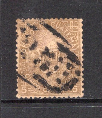 GUATEMALA - 1871 - CANCELLATION: 5c bistre brown, a fine used copy with superb strike of LARGE NUMERAL '25' of COBAN in black. Tiny thin on reverse. (SG 2)  (GUA43663)