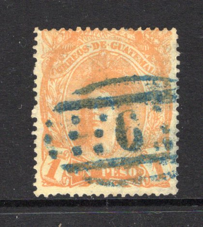 GUATEMALA - 1878 - CANCELLATION: 1p yellow orange 'Indian Woman' issue a fine used copy with fine central strike of LARGE NUMERAL '6' cancel in blue of QUEZALTENANGO. Scarce on this issue. (SG 14)  (GUA43666)