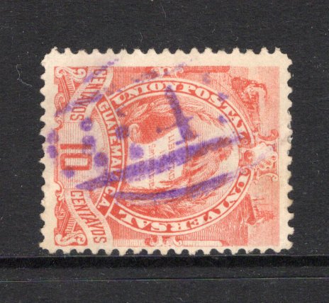 GUATEMALA - 1886 - CANCELLATION: 10c red LITHO 'Quetzal' issue fine used with good strike of LARGE NUMERAL '4' in purple of ANTIGUA. (SG 35)  (GUA43671)