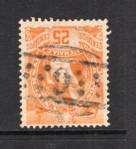 GUATEMALA - 1886 - CANCELLATION: 25c orange LITHO 'Quetzal' issue superb used with fine strike of LARGE NUMERAL '9' of MAZATENANGO in black. Uncommon. (SG 36)  (GUA43672)