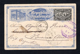 GUATEMALA - 1897 - POSTAL STATIONERY & DESTINATION: 3c black & blue 'Exposition' issue postal stationery card (H&G 9) used from Guatemala City with CORREOS DIRECCION GENERAL octagonal cancel in violet dated SET 17 1897. Addressed to ARGENTINA with various arrival marks on front.  (GUA44525)