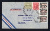 GUATEMALA - 1934 - AIRMAIL: Airmail cover franked with 1929 strip of three 5c on 15p black TARIN issue with 'SERVICIO POSTAL AEREO ANO DE 1928' overprint on the Perkins Bacon printing plus 1929 5c carmine red and 1927 1c olive green TAX issue (SG 240a, 232 & 223) tied by CORREO AEREO GUATEMALA cds's dated 22 MAY 1934. Addressed to UK. A difficult stamp to find on cover.  (GUA44552)