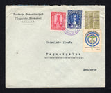GUATEMALA - 1934 - CINDERELLA & DESTINATION: Printed 'Deutsche Gesandtscaft (Legacion Alemana) Guatemala C.A.' envelope franked with 1929 2c bright blue, 1932 3c carmine and 1927 1c olive green TAX issue (SG 229, 272 & 223) tied by GUATEMALA CITY cds dated 7 NOV 1934 with fine multicolour 'Stylised Quetzal' cinderella label alongside inscribed 'Feria Nacional de Noviembre 1934 Guatemala C.A. Administracion General Ubico' promoting the fair and the government of President Ubico. Addressed to HONDURAS with T