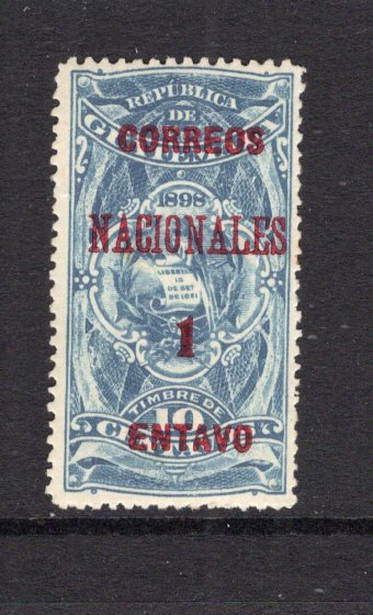 GUATEMALA - 1898 - VARIETY: 1c on 10c slate blue 'Provisional' issue overprinted on REVENUE stamp, a fine mint copy with variety MISSING C IN CENTAVO. Underrated. (SG 90a)  (GUA/4499)
