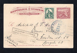 GUATEMALA - 1924 - POSTAL STATIONERY: 50c violet 'Las Vacas Railway Bridge' postal stationery card (H&G 13) used with added 1924 1p blue green 'Litho' QUETZAL issue (SG 198) tied by SUCHITEPEQUEZ cds dated 22 ABR 1924. Addressed to GERMANY with GUATEMALA CITY transit cds and boxed 'Guatemalan coffee is the best in the world' propaganda cachet on front.  (GUA45577)
