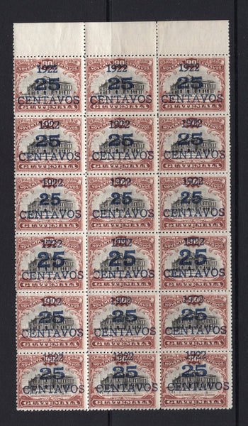 GUATEMALA - 1922 - MULTIPLE: 25c on 90c black & red brown, a fine mint top marginal block of eighteen showing overprint types A, B & C. (SG 188A, 188B & 188C)  (GUA/5442)