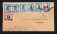 GUATEMALA - 1926 - PIONEER AIRMAILS: First Flight cover franked with 1902 strip of five 5c black & blue, 1922 25c on 30c black & vermilion and 1924 1p on 1p 50c blue & orange (SG 118a, 185A & 200) tied by GUATEMALA CITY cds dated JUL 30 1926 flown on the GUATEMALA CITY - ESQUIPULAS inaugural flight with three line 'Via Primer Correo Aereo GUATEMALA - ESQUIPULAS' cachet in purple and additional boxed 'PRIMER CORREO AEREO cachet in purple on stamps. ESQUIPULAS arrival cds on front & GUATEMALA transit cds on 