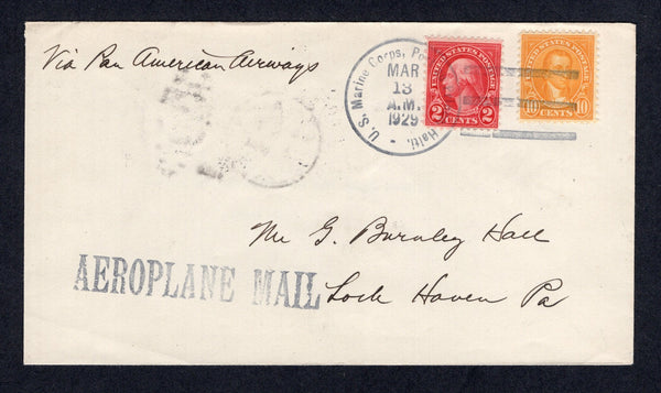 HAITI - 1929 - US MARINES: Cover franked with USA 1922 2c carmine and 10c orange (SG 562 & 570) tied by fine strike of U.S. MARINE CORPS PORT-AU-PRINCE HAITI cds dated MAR 13 1929 with straight line 'AEROPLANE MAIL' marking alongside. Sent airmail to USA with arrival cds on reverse.  (HAI/23650)