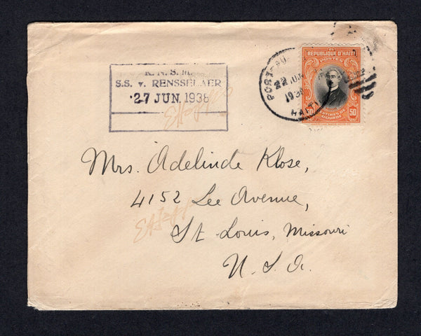 HAITI - 1936 - MARITIME MAIL: Cover franked with single 1924 50c black & orange (SG 302) tied by PORT AU PRINCE cds with fine strike of boxed 'K.N.S.M. S.S. V. RENSSELAER 27 JUN 1936' ship marking in black. Addressed to USA  (HAI/26779)