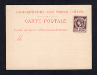 HAITI - 1881 - POSTAL STATIONERY: Red on white postal stationery formular card (H&G 7) unused with 1882 2c purple on white 'Liberty Head' issue (SG 10) applied at top right.  (HAI/31968)