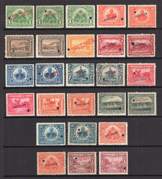HAITI - 1906 - SPECIMENS: 'Pictorial' DEFINITIVE issue set of thirteen each stamp overprinted 'SPECIMEN' with small hole punch including 3 x 1c yellow green, and two of all of the other values (except the 3c yellow orange) showing the different printings of each stamp with a different type of 'SPECIMEN' overprint, twenty six stamps in total. Very fine. Ex ABNCo. Archive. (SG 137/149)  (HAI/35756)