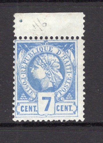 HAITI - 1882 - CLASSIC ISSUES: 7c ultramarine on greyish PERFORATED 'Liberty Head' issue a fine very fine unmounted mint top marginal copy. (SG 18)  (HAI/35818)