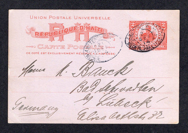 HAITI - 1908 - POSTAL STATIONERY & MARITIME: 2c vermilion on lilac postal stationery card (H&G 14) datelined 'Aux Cayes 18/9' used with two good strikes of oval 'AMSTERD:-W:INDIE NEDERL: PAKETBOOT' cancel dated 29 SEP 1914 in black. Addressed to GERMANY.  (HAI/35828)